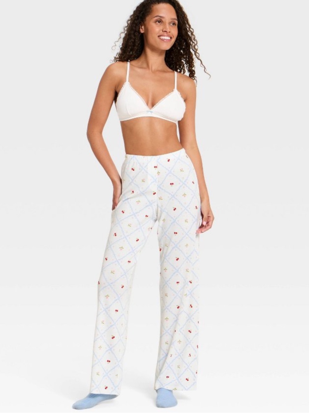 WILD FABLE White Pajama Top with Blue Argyle and Tiny Red Floral Print - Picture 2 of 5